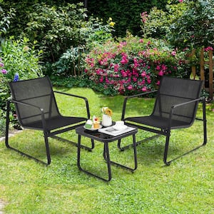 3-Piece Glass Patio Bistro Furniture Set Top Table Garden Deck Black
