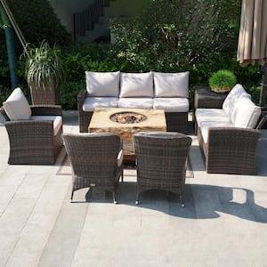 7-Piece Rock and Fiberglass Fire Pit Table Wicker Patio Conversation Set with Beige Cushions and Storage Box