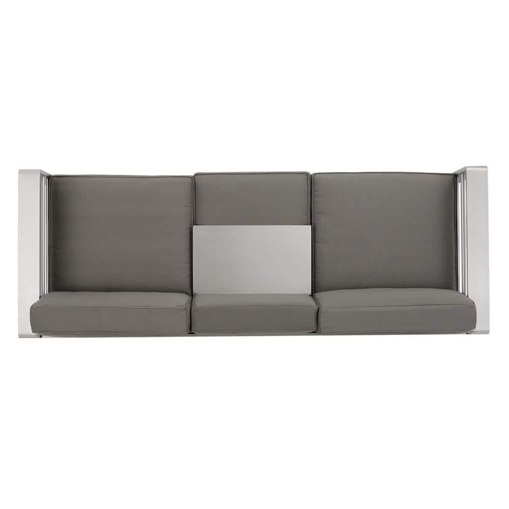 Silver Aluminum Three-Seater Outdoor Sofa with Gray Cushions