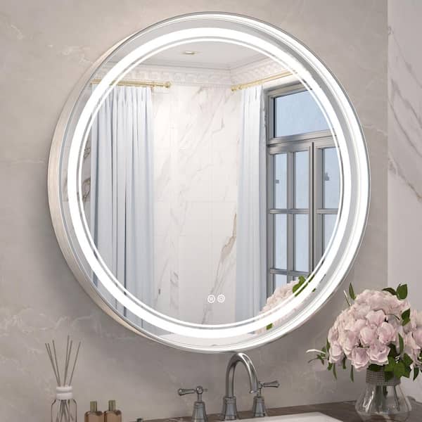 KeonJinn 30 in. W x 30 in. H Round Framed 3-Colors Dimmable LED Wall Mount Bathroom Vanity Mirror Lights Anti-Fog in Silver