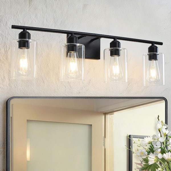 Modern 26.77 in. 4-Light Black Bathroom Vanity Light with Clear Glass Shades