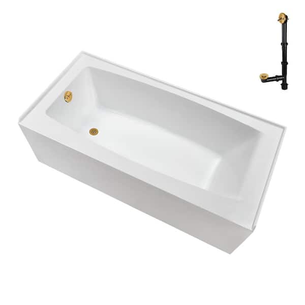 Streamline 66 in. x 32 in. Soaking Acrylic Alcove Bathtub with Left Drain in Glossy White, External Drain in Brushed Gold
