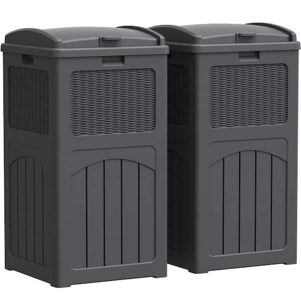 36 Gal. Resin Outdoor Trash Can, Plastic Deck Box (Set of 2) in Gray