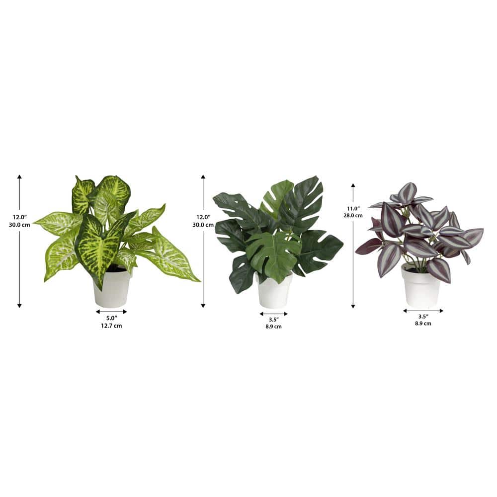 White Potted Silk Faux Plant Set with Green and Purple Leaves