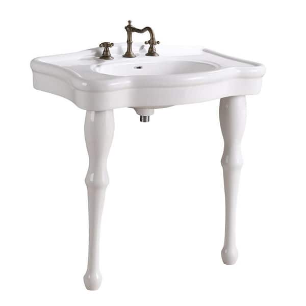 Renovators Supply Manufacturing Jasmine 32 1 2 In Console Bathroom Sink Vitreous China Combo White With Spindle Legs And Widespread Faucet Holes 22157 - Fiberglass Vintage Bathroom Sinks