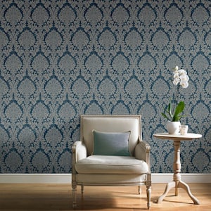 Chenille Weave Damask Navy Textured Wallpaper (Covers 56 sq. ft.)