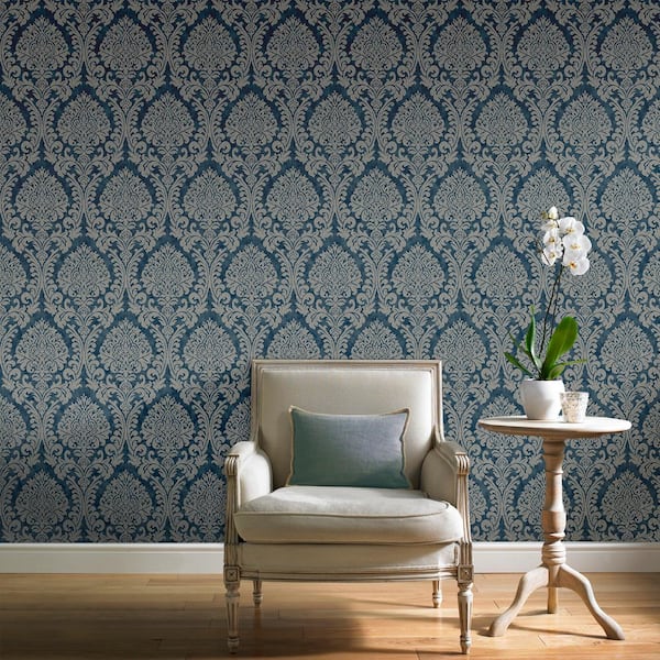 Chenille Weave Damask Navy Textured Wallpaper (Covers 56 sq. ft.)