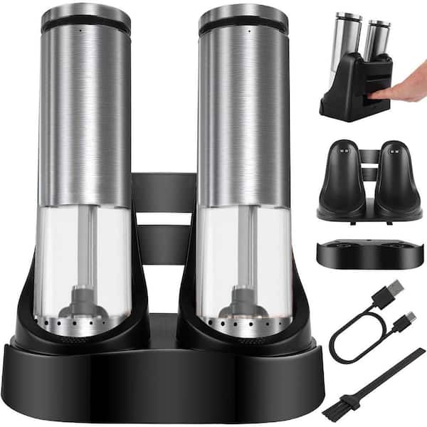 Electric Salt and Pepper Grinder Set Stainless Steel Adjustable Coarseness Automatic Mills with LED Light