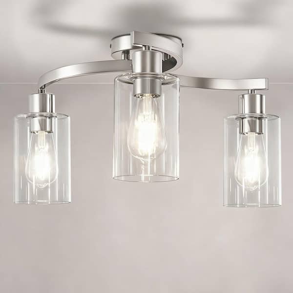 12 in. 3-Light Brushed Nickel Semi Flush Mount Ceiling Light, Modern Clear Glass Fixture for Bedroom, Hallway & Entryway