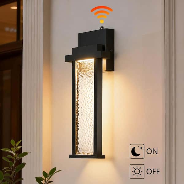 15 in. Sand Black Hardwired Integrated LED Outdoor Wall Light Lantern Sconce Light Fixture with Water Wave Glass 1-Pack