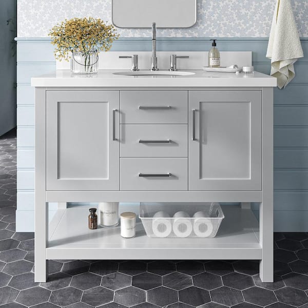 ARIEL Bayhill 43 in. W x 22 in. D x 36 in. H Bath Vanity in Grey with Pure White Quartz Top