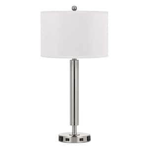 30 in. Nickel Metal Usb Table Lamp with White Drum Shade