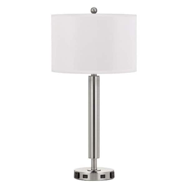 HomeRoots 30 in. Nickel Metal Usb Table Lamp with White Drum Shade