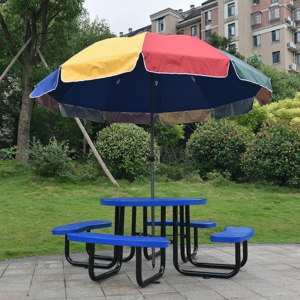 Angel Sar 85 in. Blue Round Outdoor Steel Picnic Table with