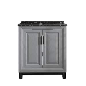 Modern 30 in. W x 19 in. D x 34 in. H Single Sink Bath Vanity in Gray with Marble Pattern Top with black Basin