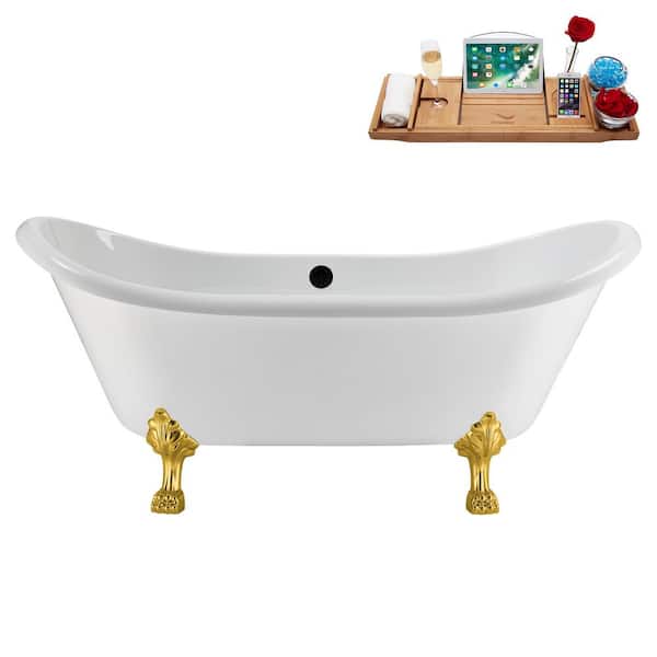 Streamline 71 in. x 31 in. Acrylic Clawfoot Soaking Bathtub in Glossy White with Matte Black Drain and Polished Gold Clawfeet