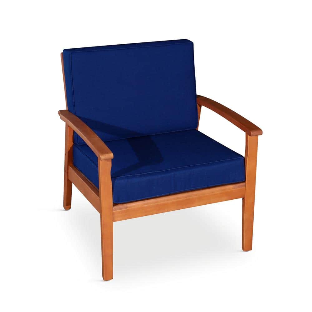 Natural Oil Deep Seat Eucalyptus Wood Outdoor Lounge Chair with Navy Blue C