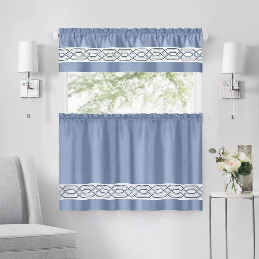 Blue Polyester Light-Filtering Tier and Valance Curtain Set, 55" x 24"