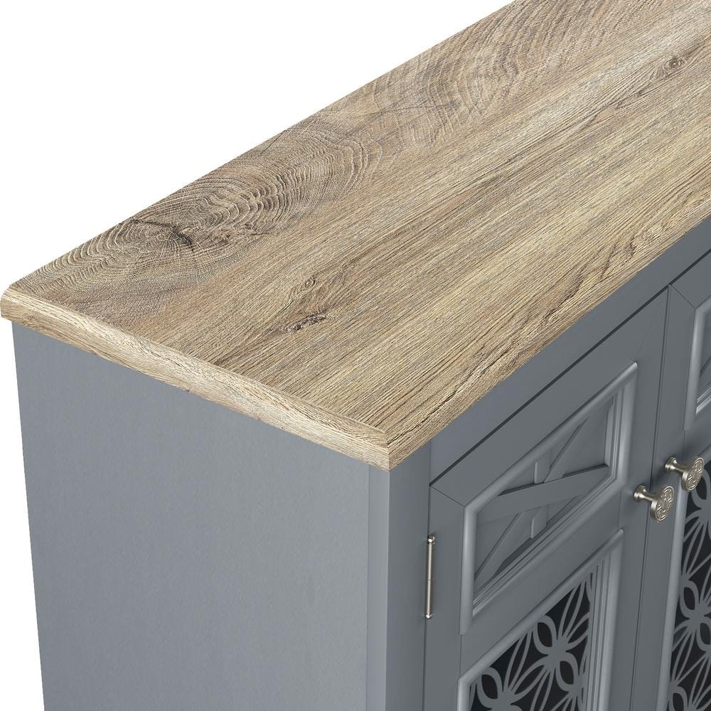 Vintage Gray Wood Buffet Sideboard with Glass Doors and Adjustable Shelves