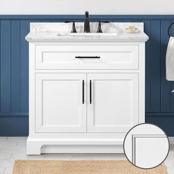 Doveton 36 in. Single Sink Freestanding White Bath Vanity with White Engineered Marble Top (Assembled)