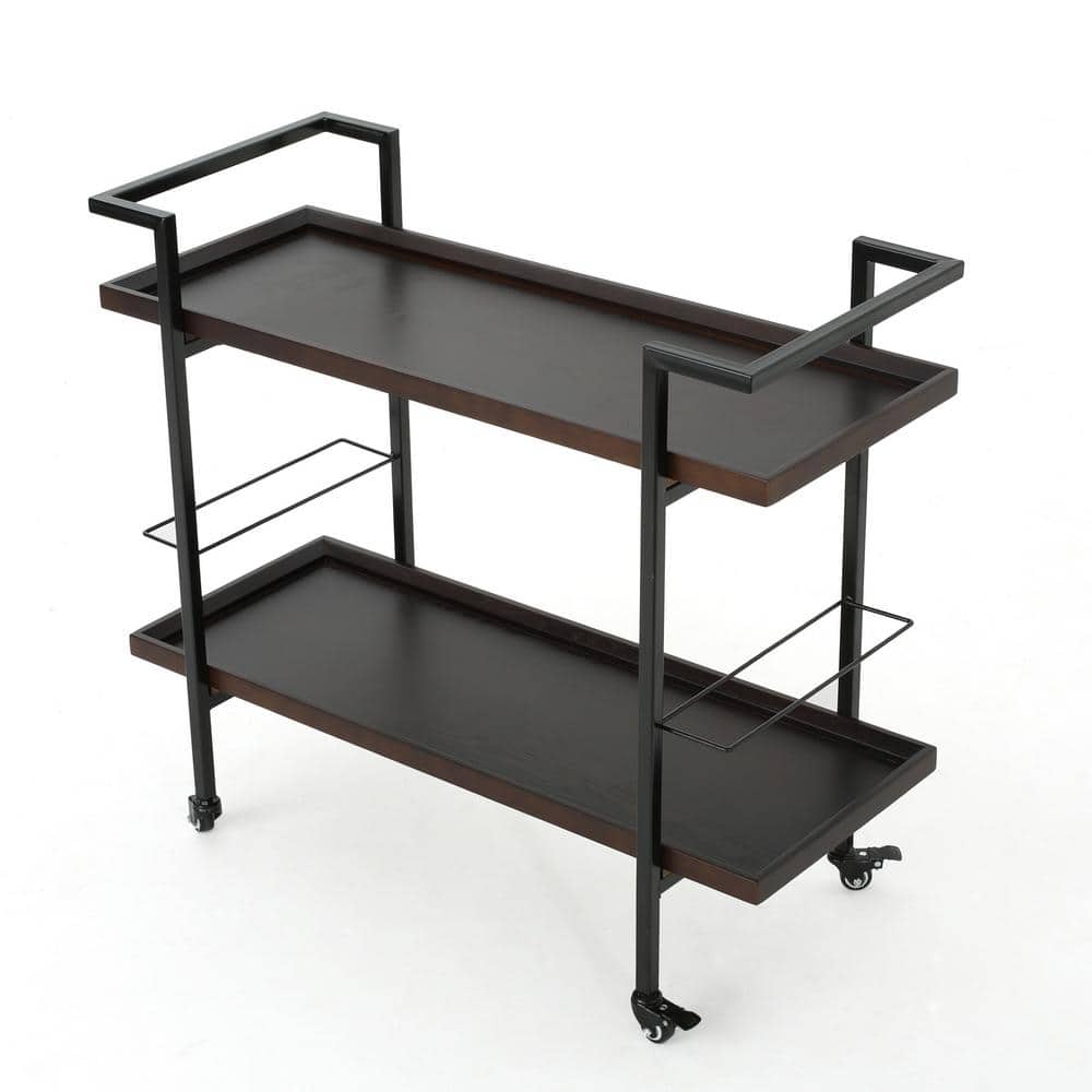 Gerard Dark Walnut Industrial Wood Bar Cart with Storage