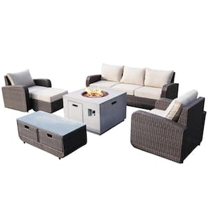Alice Brown 6-Piece Wicker Patio Fire Pit Conversation Sofa Set with Beige Cushions