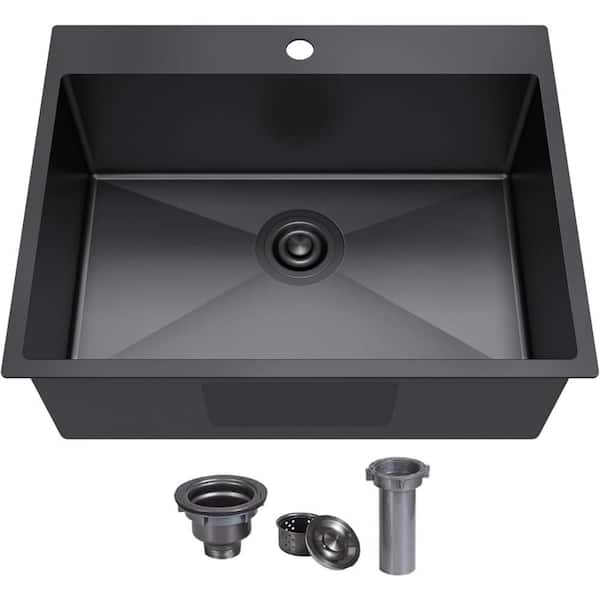 22 in. Drop-In/Undermount Single Bowl 16 Gauge Gunmetal Black Stainless Steel Kitchen Sink with Bottom Grids