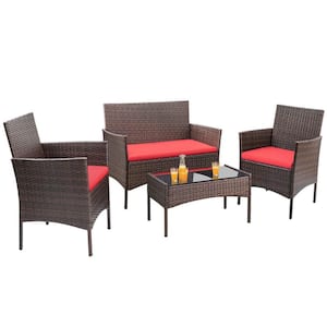 Alvino 4-Piece Wicker Rattan Outdoor Patio Bistro Furniture Set with Orange Cushion