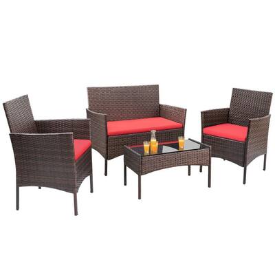 Alvino 4-Piece Wicker Rattan Outdoor Patio Bistro Furniture Set with Orange Cushion