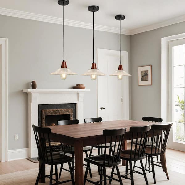 40W 3-Light Walnut Adjustable Vintage Pendant Light With Fluted Dome Glass Shade For Kitchen Island（Set of 3）