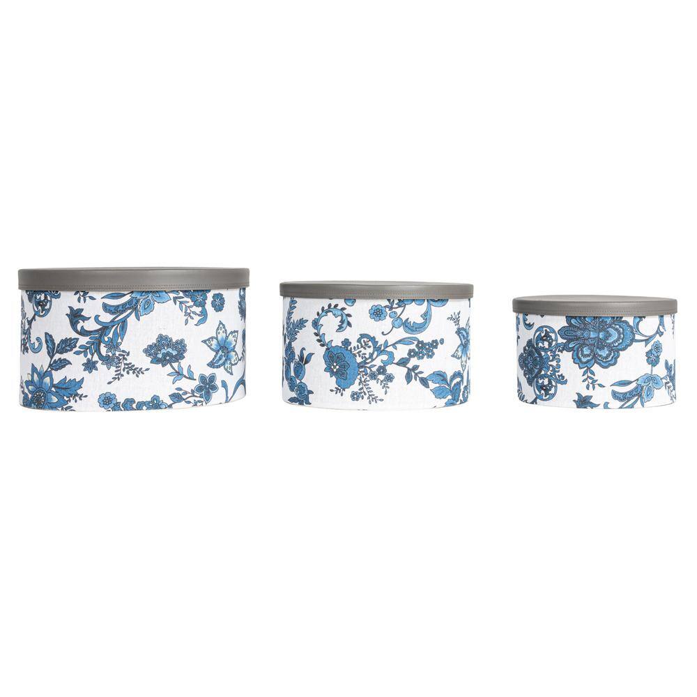 Cream and Blue Floral Nestable Hat Boxes with Faux Leather Lids, Set of 3