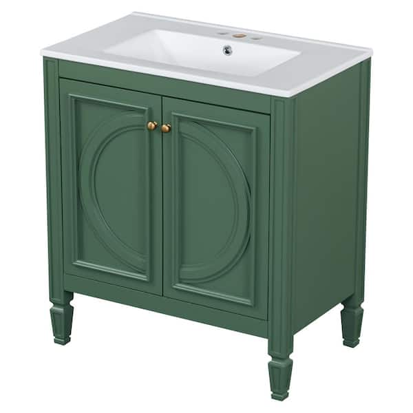 CHRISTOPHER KNIGHT HOME Isolde 30 in. Green Modern Bath Vanity with White Ceramic Top, Shelves, Internal Drawers, Cabinet, Rubberwood, MDF