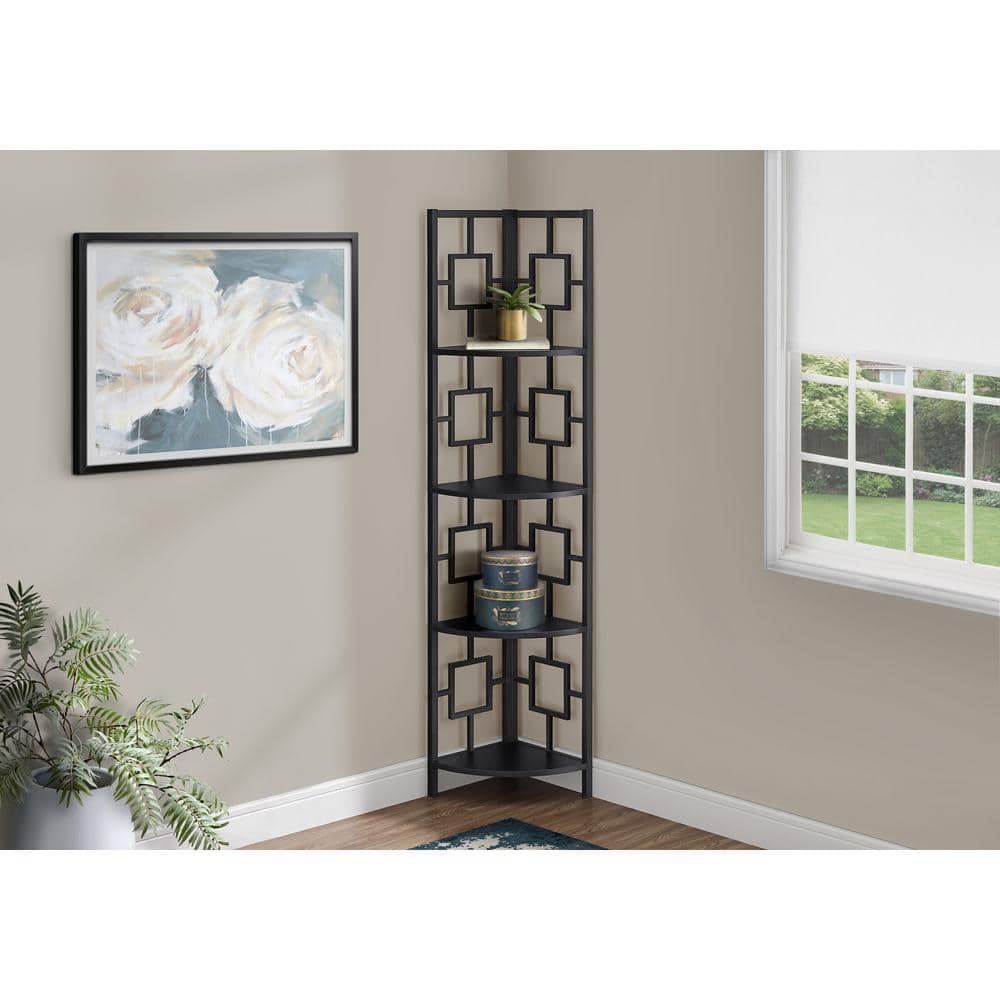 Espresso and Black Metal 4-Tier Corner Bookcase