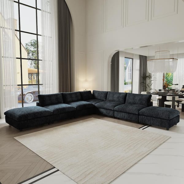 Modern 157 in. Square Arm Soft Faux Rabbit Fur Velvet Modular Cloud Sectional Sofa 7-Seater with Ottomans in Black