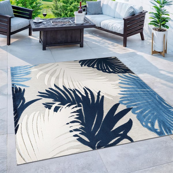 Contemporary Tropical Large Floral Navy 6 ft. 6 in. x in. 6 ft. 6 in. Square Indoor/Outdoor Area Rug
