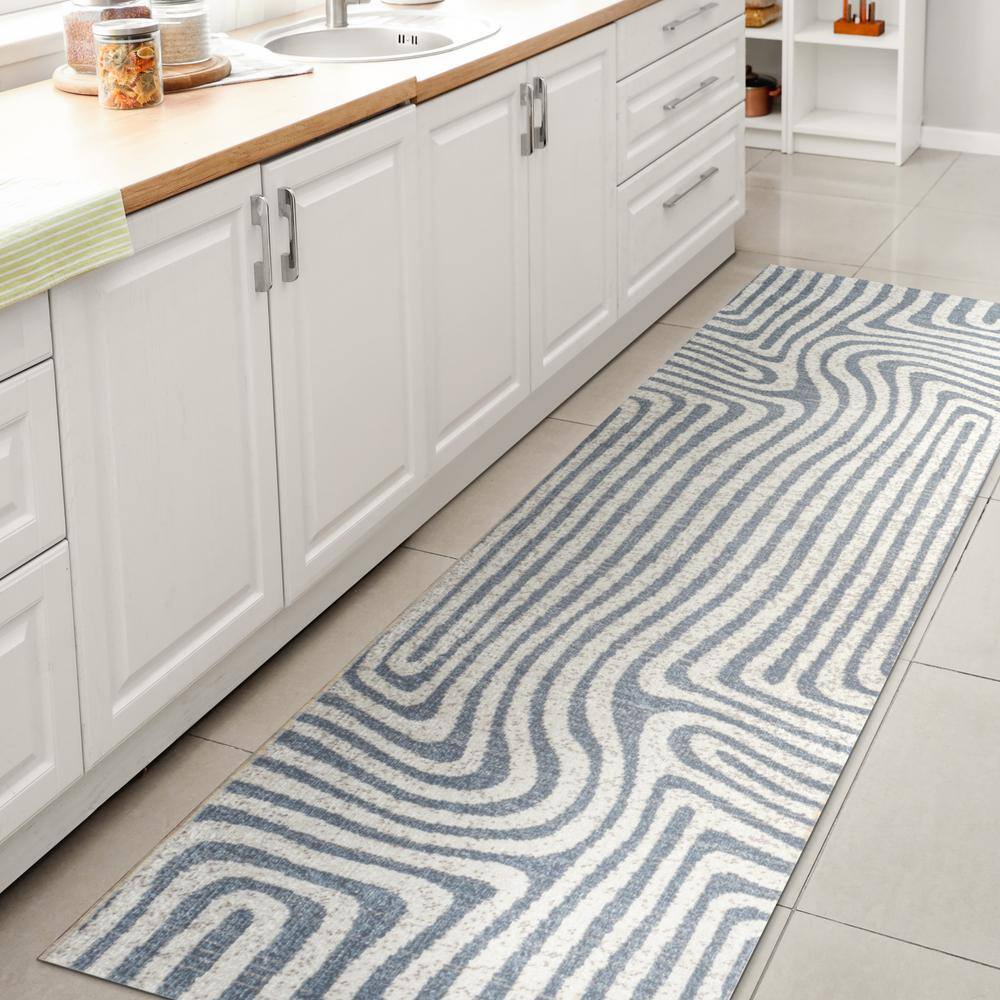 Blue and Cream Abstract Machine-Washable Runner Rug