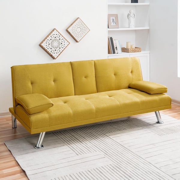 MAYKOOSH 65.75 in. Square Arm Linen Rectangle Convertible Sofa in Yellow