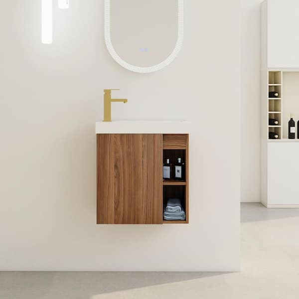 Unbranded 20 in. W x 10 in. D x 21 in. H Floating Wall-Mounted Bathroom Vanity in Walnut with White Cultured Marble Sink