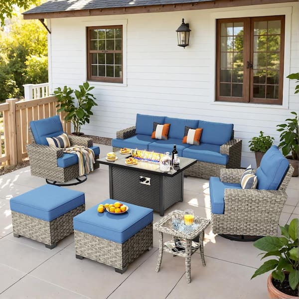 HOOOWOOO Kelleys 9-Piece Wicker Modern Outdoor Patio Conversation Sofa Set with a Fire Pit, Swivel Chairs and Sky Blue Cushions
