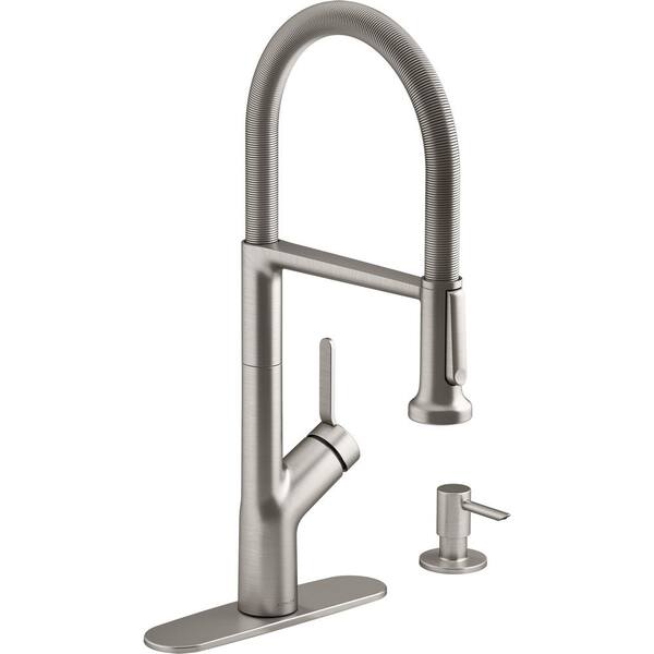 Kohler Setra Single Handle Semi Professional Kitchen Sink Faucet With Soap Dispenser In Vibrant Stainless K R29343 Sd Vs The Home Depot