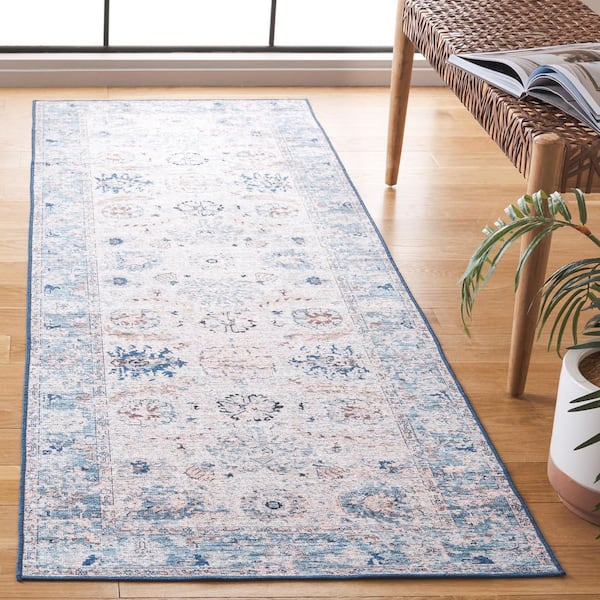 Arizona 3 ft. x 8 ft. Blue/Beige Machine Washable Distressed Medallion Floral Runner Rug