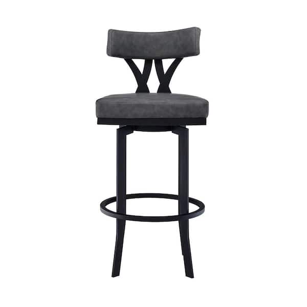 Armen Living Natalie Contemporary 30 Bar Height Barstool in Black Powder Coated Finish and Vintage Grey Faux Leather 
