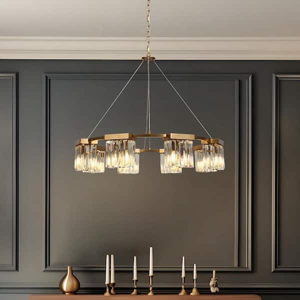 LNC Vertilux 31.5 in. 8-Light Plated Brass Wagon Wheel Crystal Chandelier Modern Dining Room Kitchen Circle Pendant Light