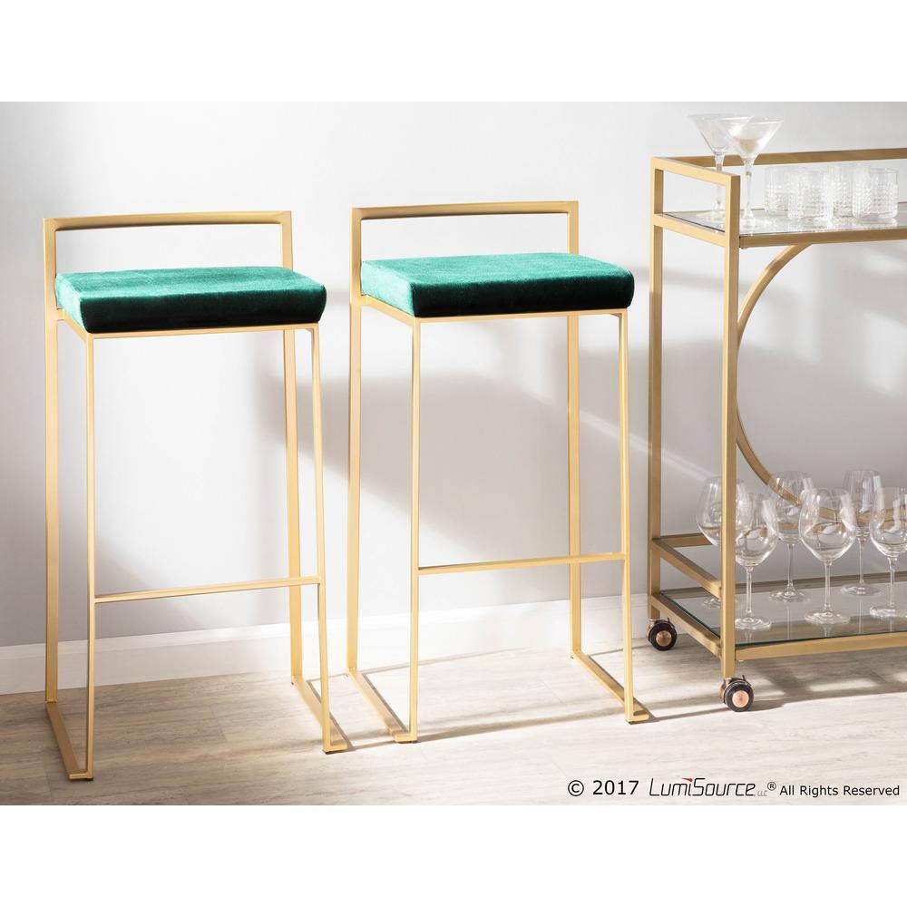 Fuji Gold Metal Barstool with Green Velvet Cushion, Set of 2