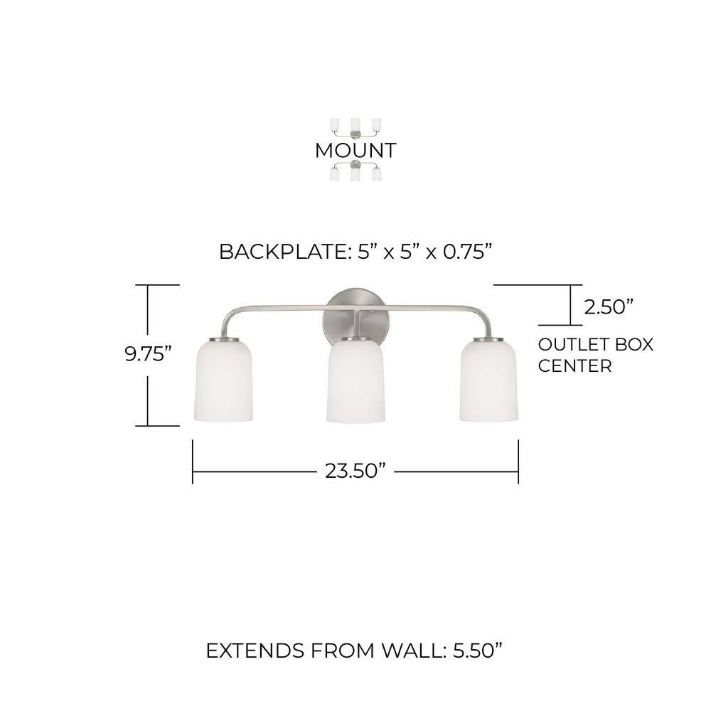 Brushed Nickel 3-Light Vanity with Soft White Glass Shades