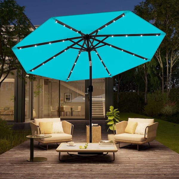 10 ft. Steel Solar-Powered Round Outdoor Market Patio Umbrella with Crank in Lake Blue