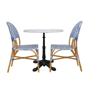 2-Piece Rattan Wood Frame Bistro Chairs without Arms and Bistro Table in Blue Marble Finish