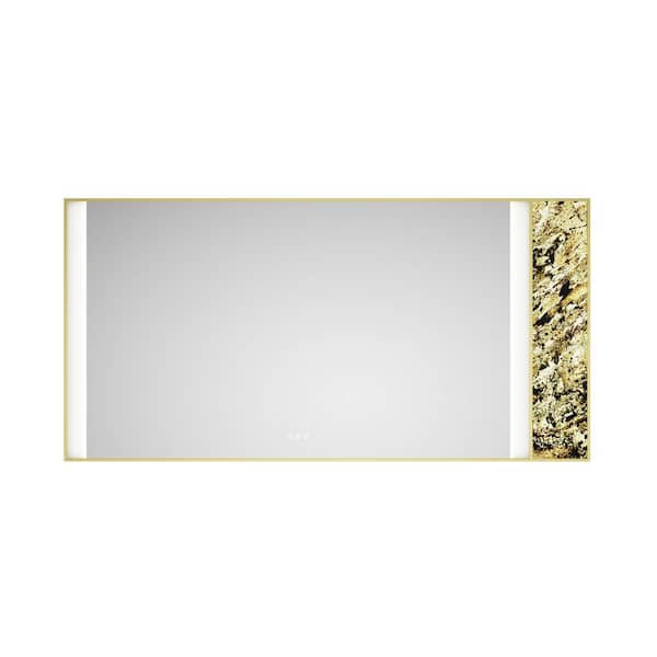 WELLFOR 72 in. W x 36 in. H Rectangular Framed Anti-Fog Backlit Wall Bathroom Vanity Mirror with Natural Stone Decoration Gold