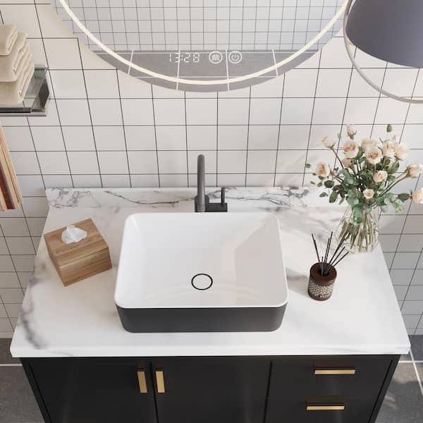 DEERVALLEY DeerValley Ally Black and White Ceramic Rectangular Vessel Bathroom Sink not Included Faucet