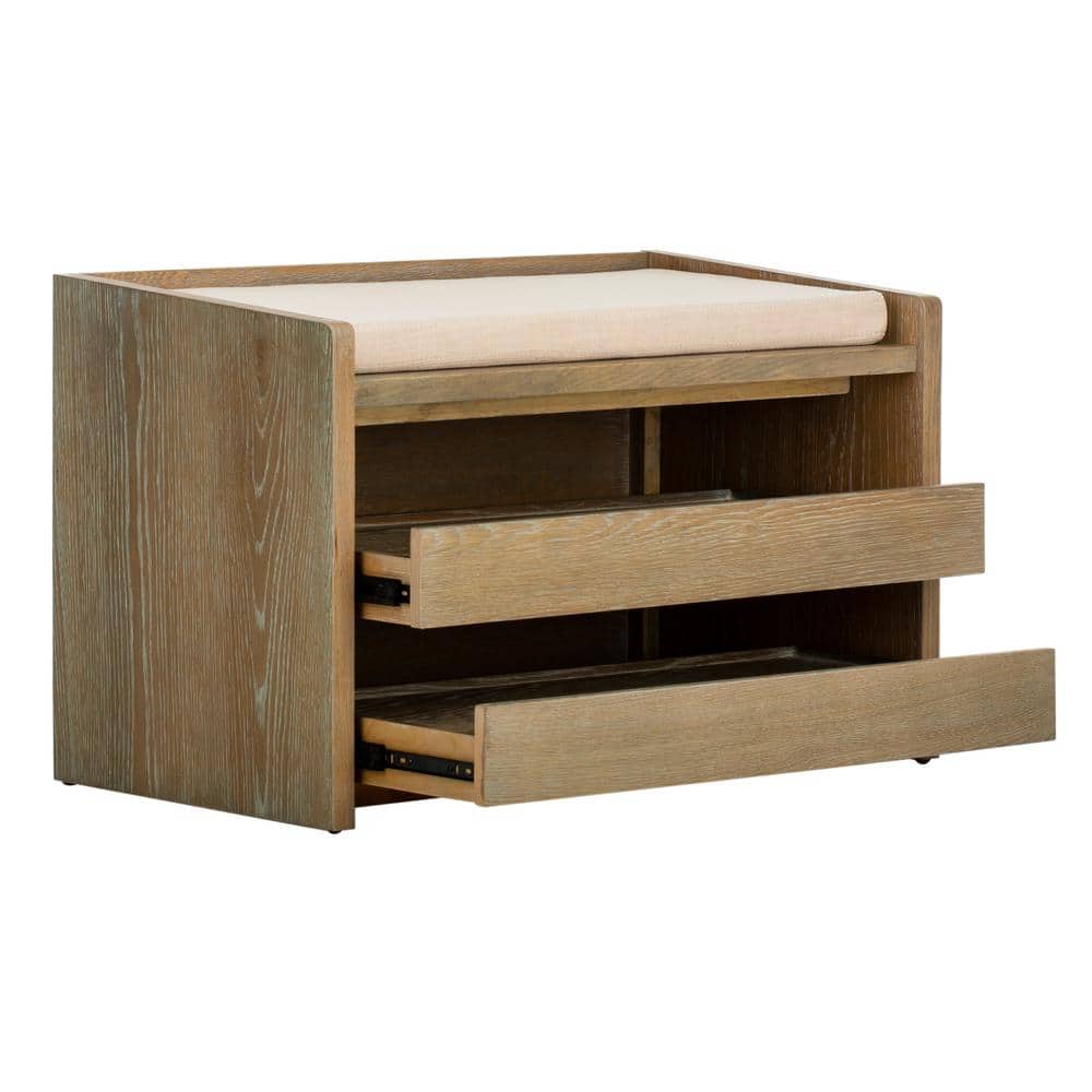 Percy Transitional 34'' Beige Linen and Rustic Oak Storage Bench
